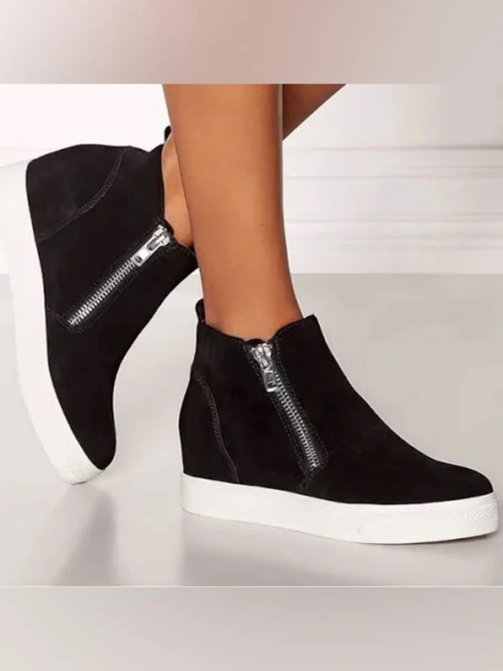 Steve Madden Black Suede Hidden Wedge Zip Sneakers